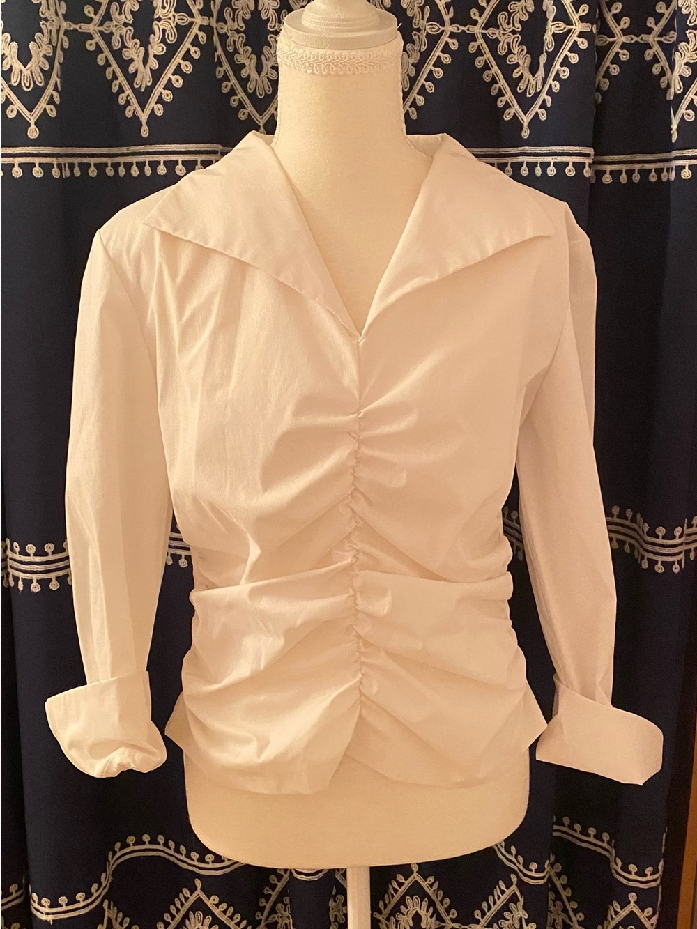 Vintage  JS Boutique Cream Ruched Long-Sleeve Blouse